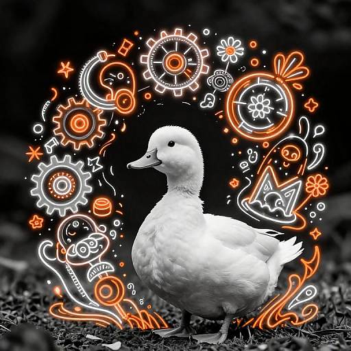 Photograph of a white duck surrounded by vibrant, neon-orange, steampunk-inspired mechanical doodles on a dark, blurred background.