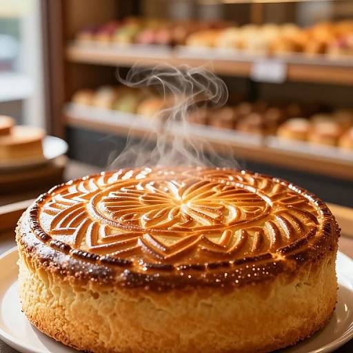 Photograph of a steaming, golden-brown, intricately patterned cake with a swirl design on top, displayed in a warmly lit bakery.