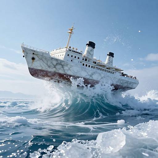Photorealistic digital image of a large white and black steamship with two smokestacks, breaking through a massive, foamy ocean wave under a