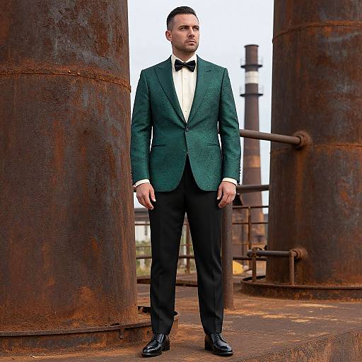Photograph of a serious, fair-skinned man in a green blazer, black bow tie, and black pants standing between large rusty industrial cylinders.