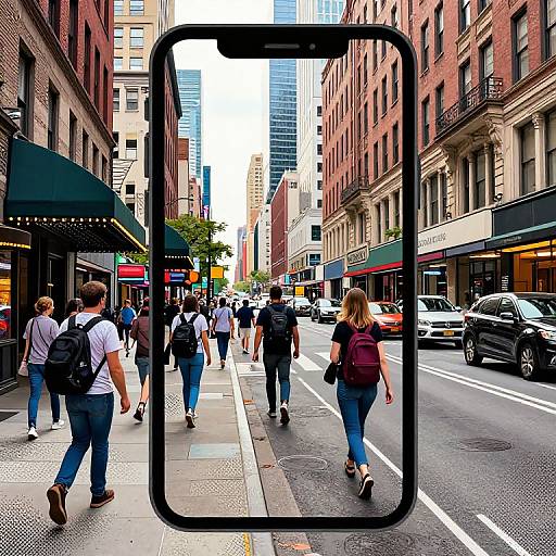 Photograph of a busy urban street with pedestrians, buildings, and cars, viewed through a large black rectangular frame in the foreground.