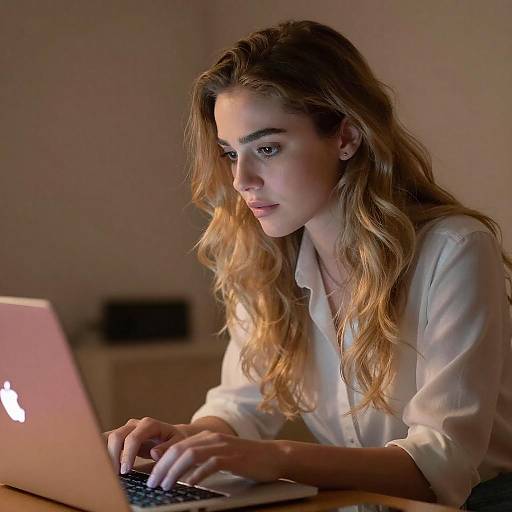 Focused Woman Typing on Pink Laptop