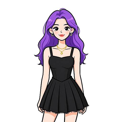 Digital anime-style drawing of a young woman with long purple hair, wearing a black strapless dress, gold necklace, and earrings, standing against a white