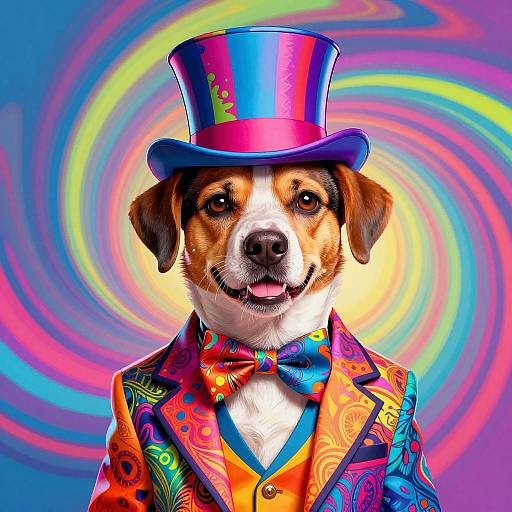 Digital artwork of a smiling dog in vibrant, psychedelic attire: colorful bow tie, paisley suit, and striped top hat, with swirling rainbow background.