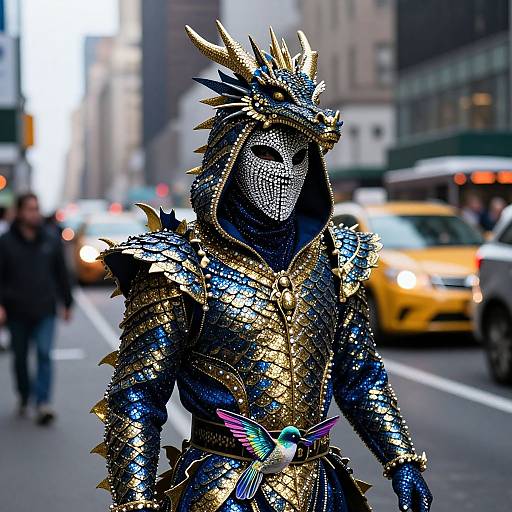 Photograph of a person in a glittery, gold and blue, futuristic costume with a mask and crown, walking on a busy city street with yellow