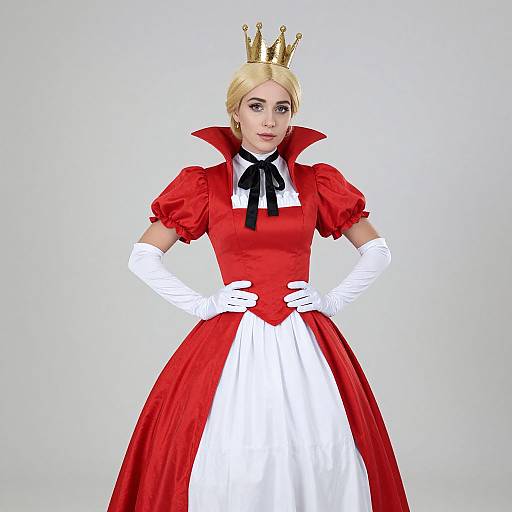 Photograph of a blonde woman in a red and white princess costume, gold crown, white gloves, black ribbon, and puffed sleeves.