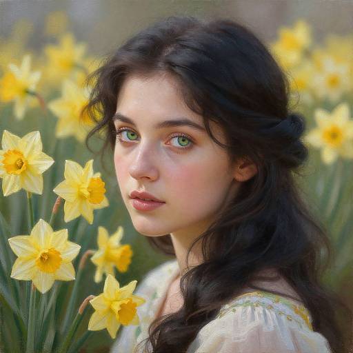 Photograph of a young woman with green eyes, fair skin, and wavy dark brown hair, surrounded by vibrant yellow daffodils, wearing