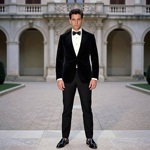 Photograph of a handsome young man with short dark hair, wearing a black tuxedo, white shirt, and black bow tie, standing in front