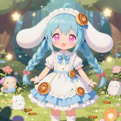 Cute anime girl with blue braided hair, pink eyes, and a white bunny dress with swirl decorations, stands in a magical forest with glowing lights