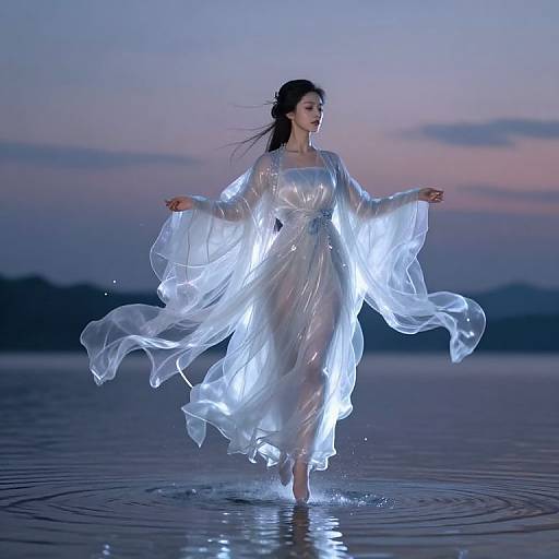 Photograph of a woman in a glowing, translucent white dress, gracefully walking through water at dusk, with a serene, purple-pink sky backdrop.