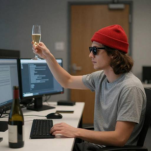 Celebratory Young Man in Dim Office