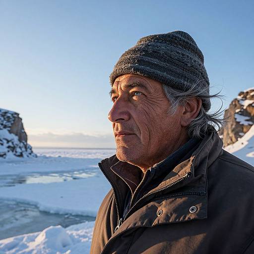 Weathered Fisherman in Icy North Sea Landscape