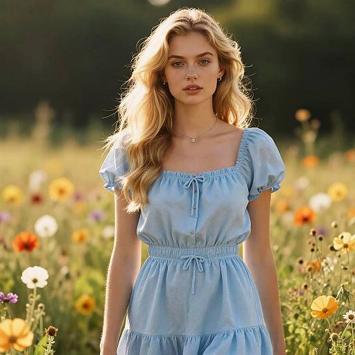 Golden Blonde Hairstyle in Flower Field