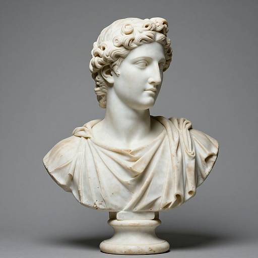 Photograph of a classical white marble bust of a young, androgynous figure with curly hair, draped in a detailed robe, against a plain