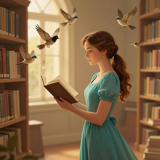 Photograph-style digital art of a young woman with long brown hair in a teal dress, reading a book in a sunlit library, surrounded by flying