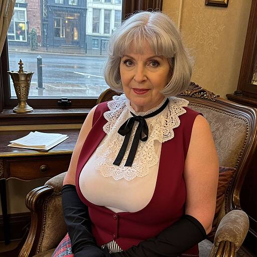 Photograph of an elderly white woman with short gray hair, wearing a maroon blouse with white lace trim and black gloves, seated in an ornate