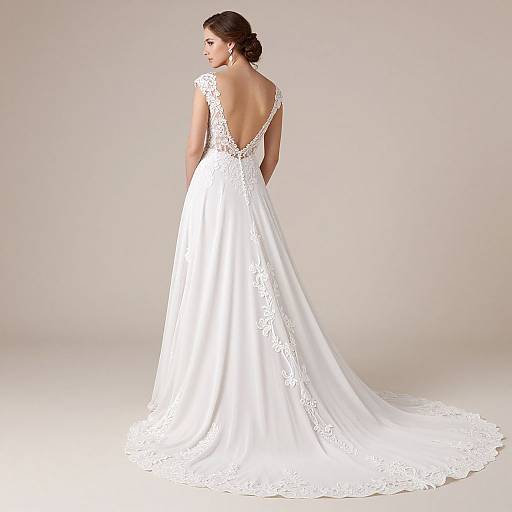 Photograph of a woman in a white, lace-trimmed, backless wedding gown with a long train, standing with her back to the camera