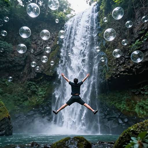 Photograph: Man in black shirt and shorts jumps into air with arms out, surrounded by bubbles, in front of a cascading waterfall surrounded by lush