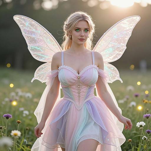 Photograph of a blonde fairy woman with glowing green eyes, wearing a white, off-shoulder, lace-trimmed dress and sparkling wings,