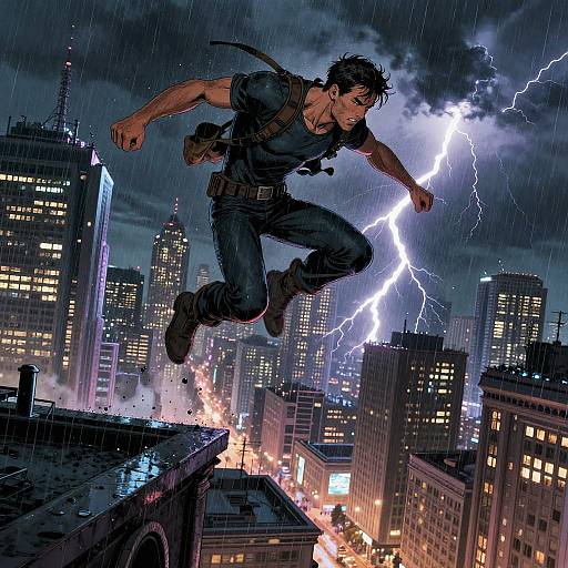Dynamic digital artwork of a muscular, black-haired man in a dark outfit leaping over a cityscape during a lightning storm, with buildings and explosions in