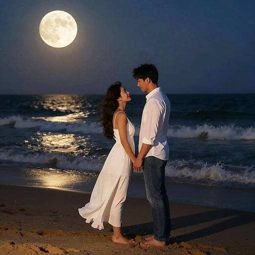 Photograph of a couple holding hands under a full moon, standing on a beach at night, with waves and dark sky. Man in white shirt,