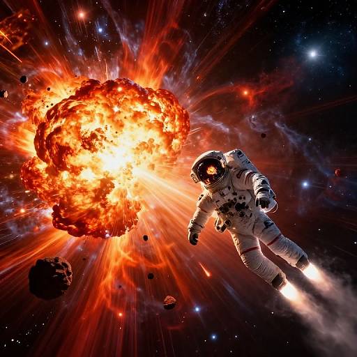 Photorealistic CGI: Astronaut in white spacesuit with helmet, floating towards massive fiery explosion in space, surrounded by stars and debris.