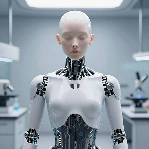 CGI image of a bald, white-skinned, female humanoid robot with a sleek, metallic chest and shoulders, standing in a sterile lab.