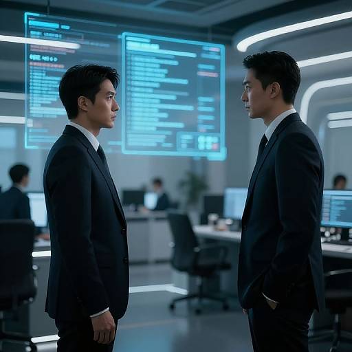 Photograph of two Asian men in black suits, standing in a modern, brightly lit, high-tech office, facing each other, with large blue-l