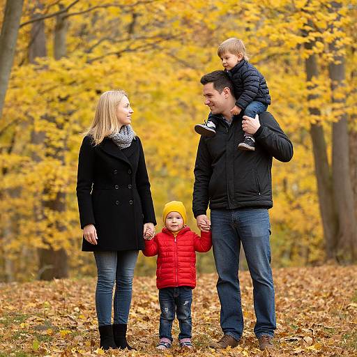Photograph of a family of four in autumn forest; father with child on shoulder, mother, and young boy in bright red jacket. Yellow leaves,