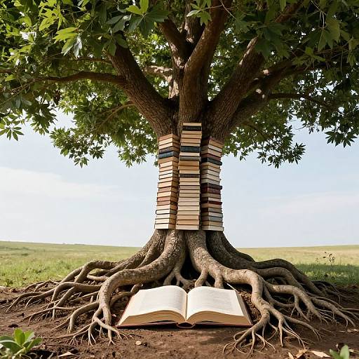 Photograph of a tree with books stacked around its trunk, roots spread out, and an open book at its base.