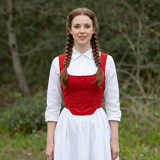 Photograph of a young woman with fair skin and brown braided hair, wearing a red bodice, white blouse, and white skirt, standing in
