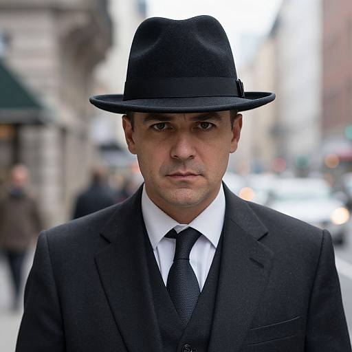 Photograph of a serious, middle-aged man in a black suit, white shirt, black tie, and black fedora, standing in a blurred city