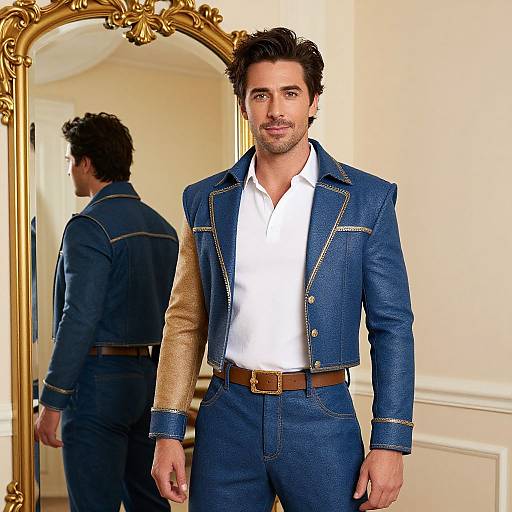 Photograph of a handsome man with dark hair and stubble, wearing a blue denim jacket with gold trim, white shirt, and brown belt, standing