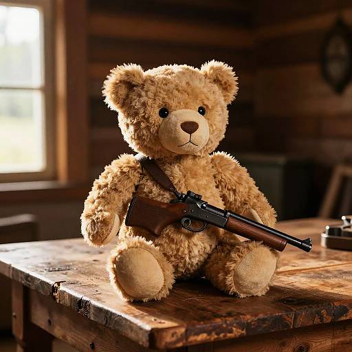 Photograph of a fluffy, light-brown teddy bear sitting on a rustic wooden table, holding a small, wooden toy gun, in a dim