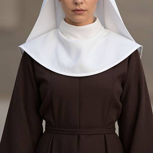 Photograph of a woman in a black nun's habit with a wide white wimple, showing from shoulders to lips, neutral background.