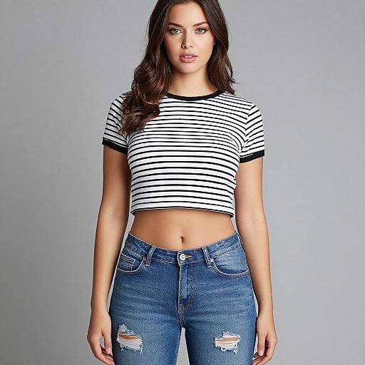 Photograph of a young woman with long brown hair, wearing a black and white striped crop top and blue, ripped jeans, standing against a plain gray