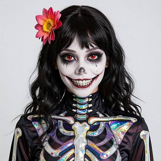 Digital artwork of a grinning female skeleton in Day of the Dead makeup with red eyes, black hair, and a red flower, wearing a reflective skeleton