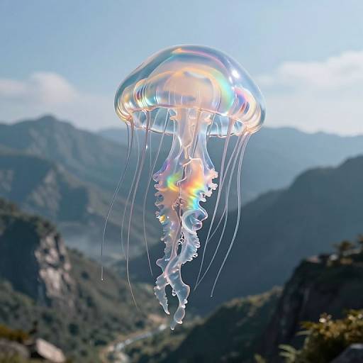 Giant Liquid-Glass Jellyfish Over Mountains