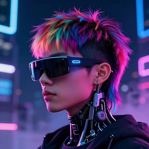 Cyberpunk portrait of an Asian person with vibrant, multicolored mohawk, black sunglasses, and high-tech neck collar, illuminated by neon lights
