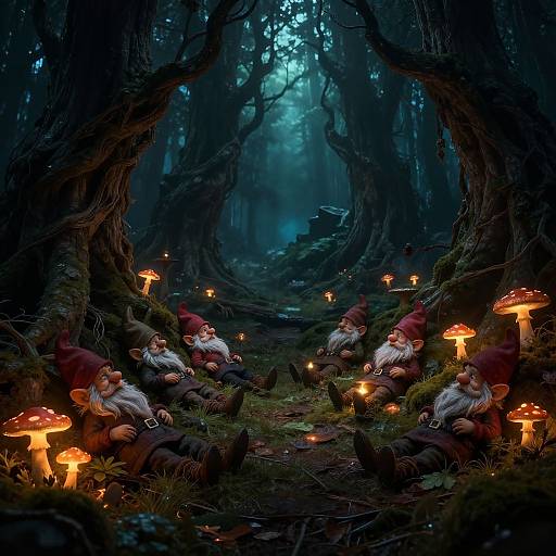 Fantasy forest scene: seven small, red-capped gnomes with white beards and brown clothes, lounging among glowing orange mushrooms, under