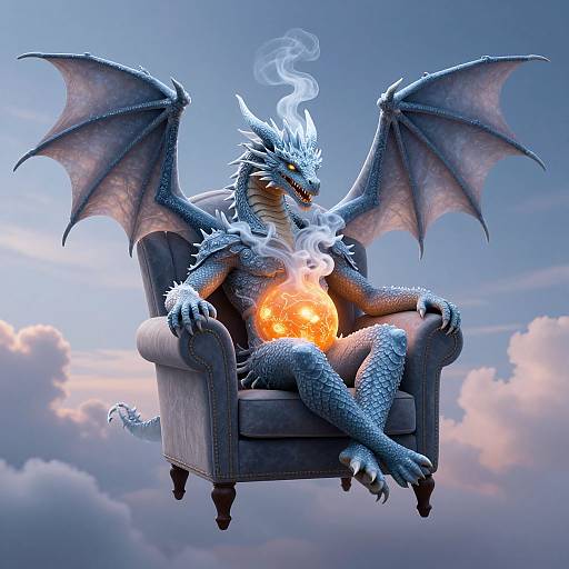 Digital art of a blue, dragon with wings and scales, sitting on a floating chair, holding a glowing, fiery orb, against a cloudy sky background
