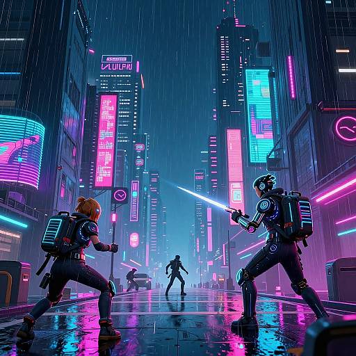 Neon-lit cyberpunk city street at night, raining, two armed figures with backpacks and glowing blades confront each other, vibrant pink and blue