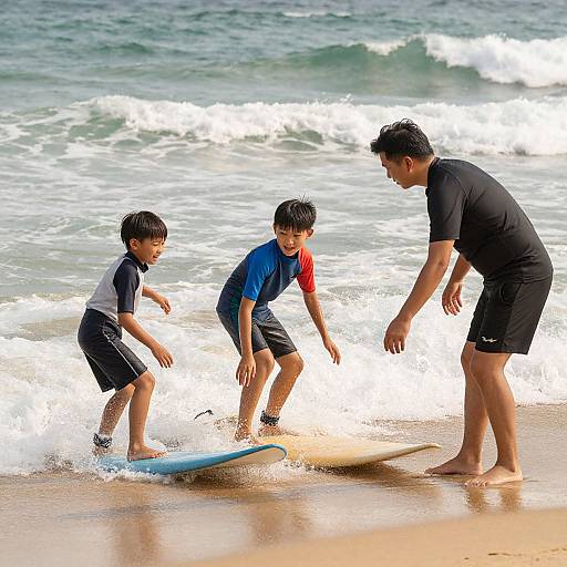 Photograph of an Asian man in black wetsuit teaching two young Asian boys to surf on a sandy beach with gentle waves.