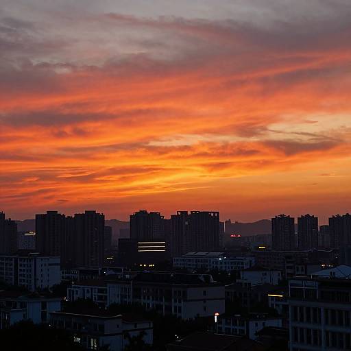 Photograph of a city skyline at sunset with vibrant orange and pink clouds, silhouetted dark buildings, and scattered lights.