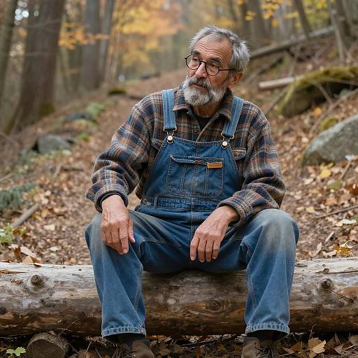 Elderly Man in Autumn Mountain Scene