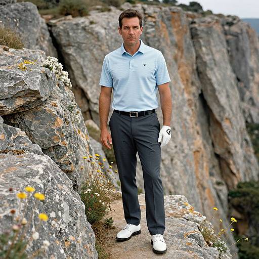 Confident Golfer on Rocky Cliff