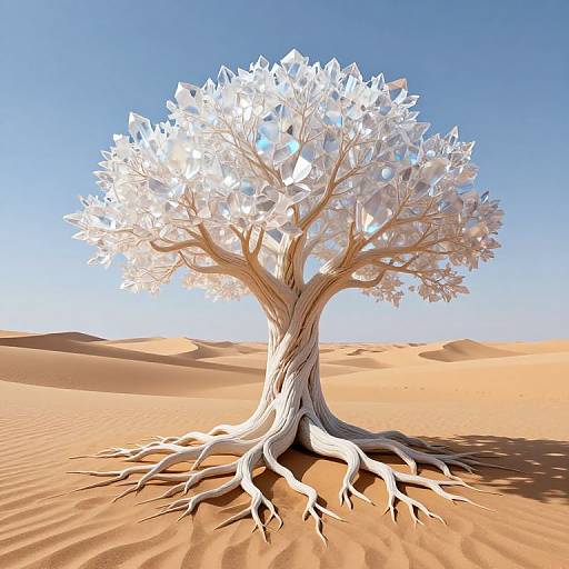 Digital artwork of a white, crystalline tree with intricate branches and roots, standing in a sunlit, sandy desert under a clear blue sky.