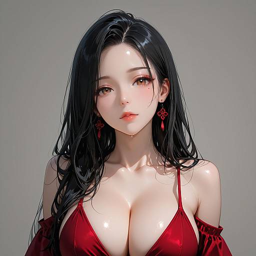 Elegant Woman in Red Dress with Black Hair