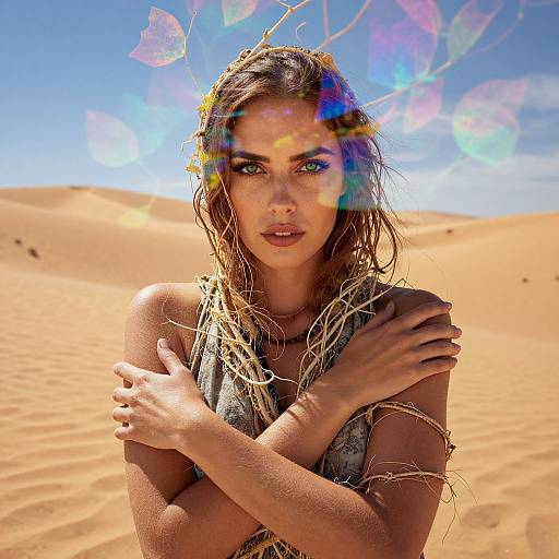 Photograph of a sunlit, serious-faced woman with wet, brown hair, wearing a sleeveless top, arms crossed, in a sandy desert,