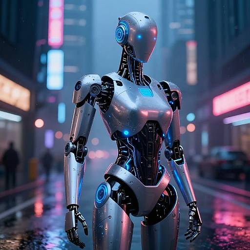 Photorealistic CGI of a silver, glowing blue-lit humanoid robot standing in a futuristic, neon-lit, rain-soaked city street.